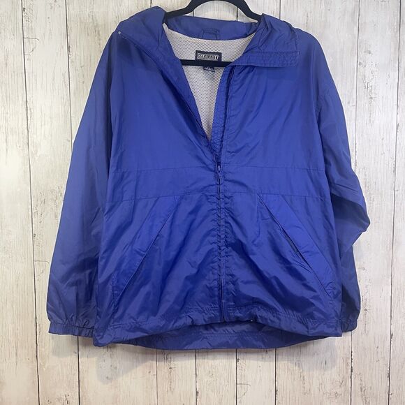 Lands End Womens Rain Jacket L Blue Full Zip Mock Neck Windbreaker Athletic FLAW - Picture 1 of 11